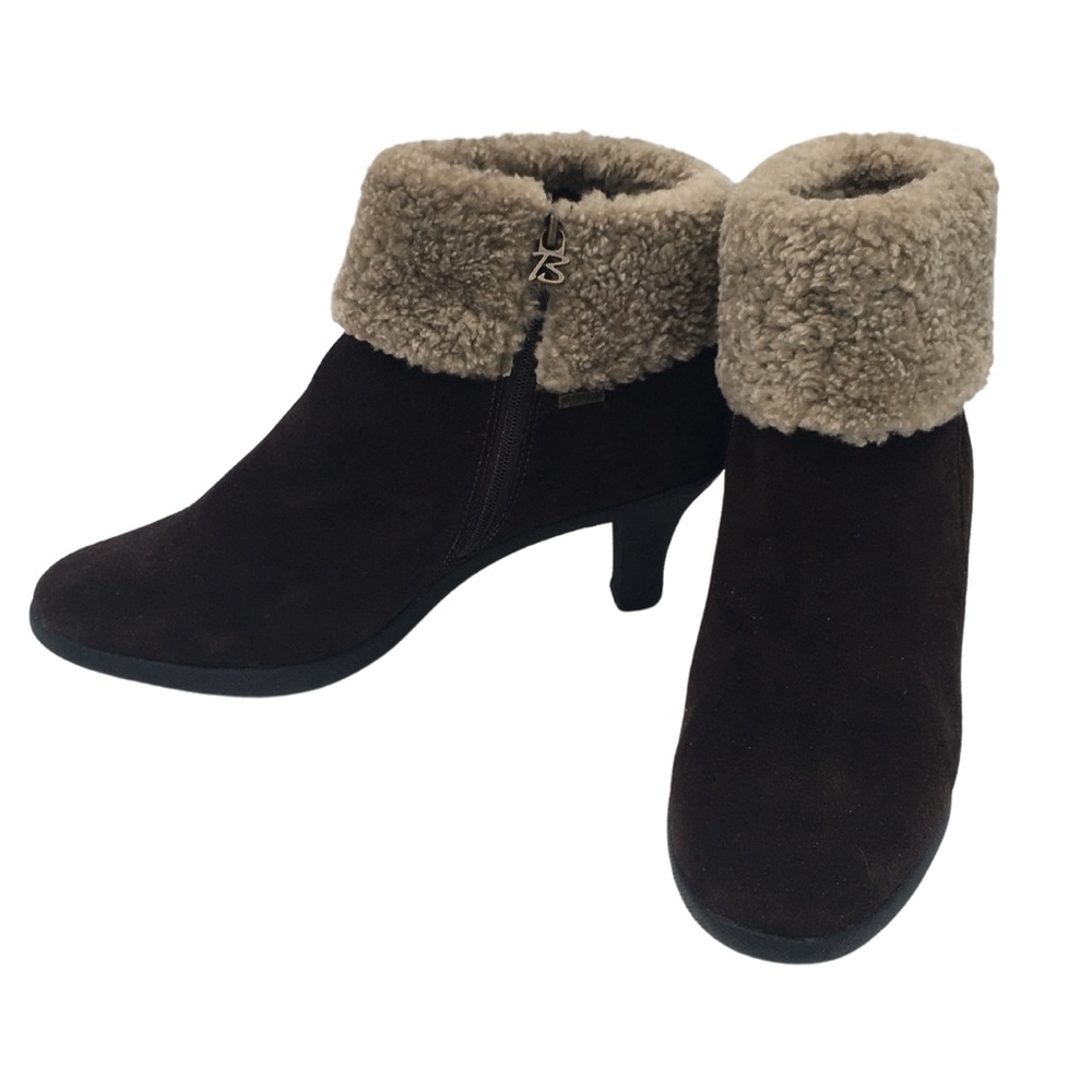 Brilliant Brown Suede Waterproof Faux Fur Heeled Ankle Boots size 9